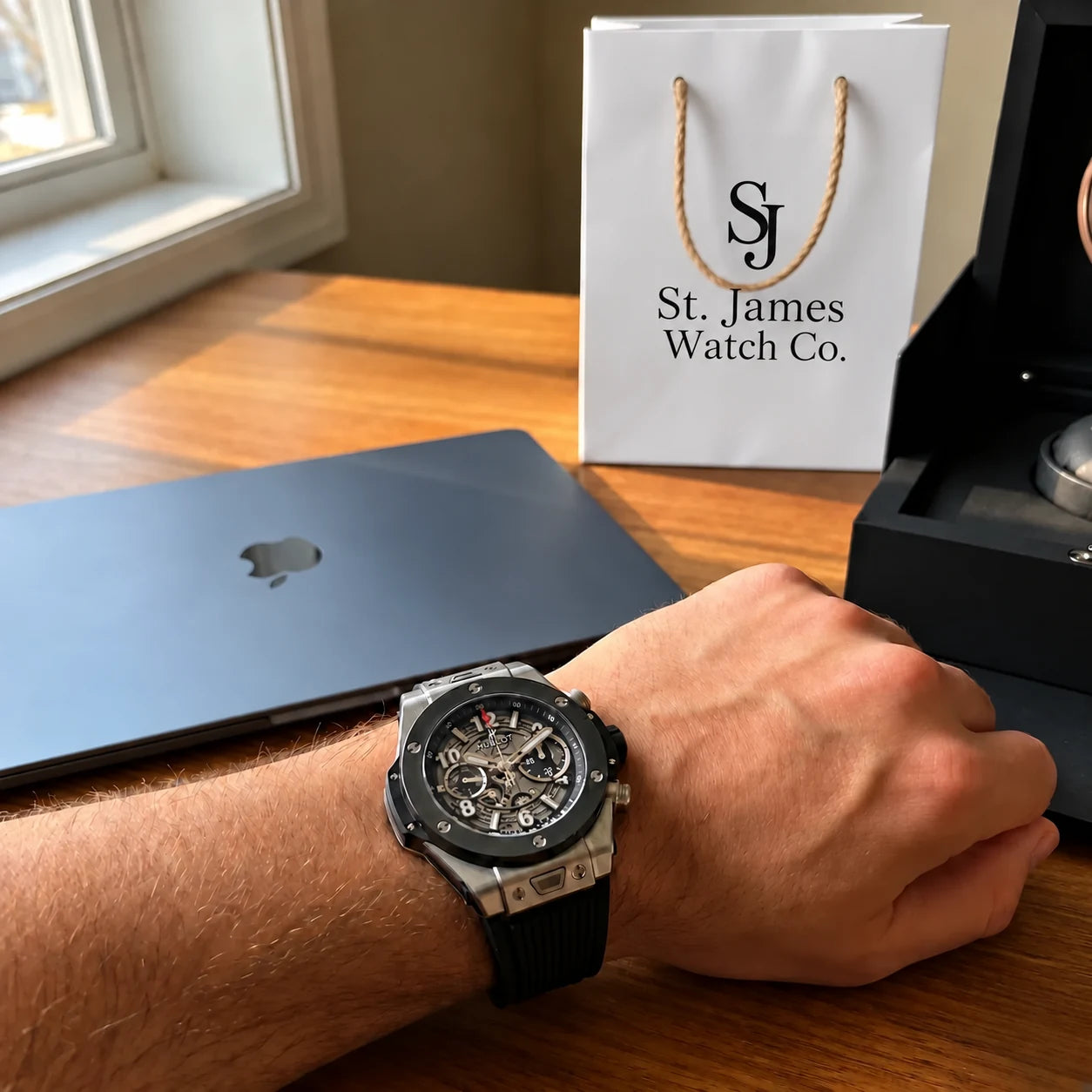 A watch worn at a desk with St. James Watch Co. packaging